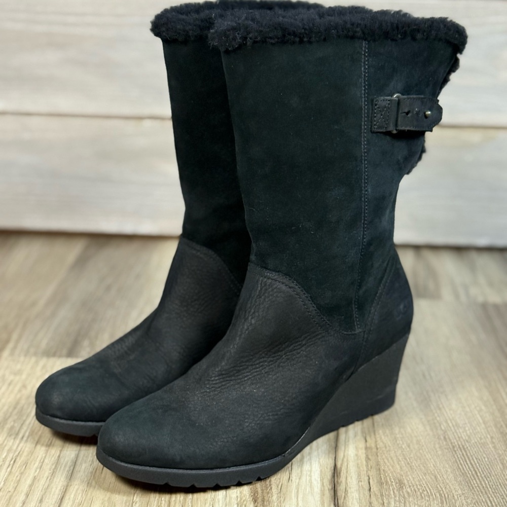 UGG Edelina Black Suede Waterproof Wedge Winter Boots